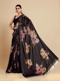 Odette - Black Satin Floral Saree with Unstitched Blouse for Women
