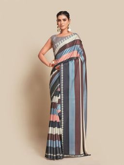 Odette - Multicolor Satin Stripes Saree with Unstitched Blouse for Women