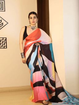 Odette - Multicolor Satin Printed Saree with Unstitched Blouse for Women