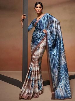 Odette - Blue Satin Printed Saree with Unstitched Blouse for Women