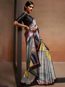 Odette - Grey Satin Stripes Saree with Unstitched Blouse for Women