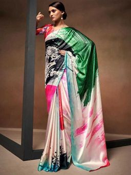 Odette - Multicolor Satin Printed Saree with Unstitched Blouse for Women