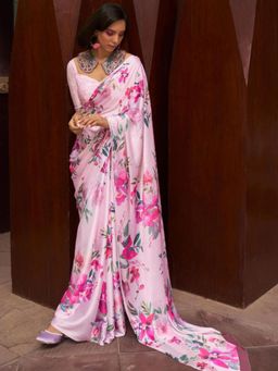 Odette - Pink Satin Floral Saree with Unstitched Blouse for Women