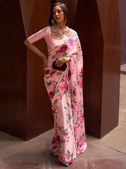 Odette - Pink Satin Floral Saree with Unstitched Blouse for Women