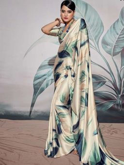 Odette - Cream Satin Printed Saree with Unstitched Blouse for Women