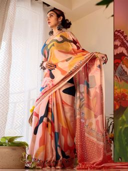 Odette - Multicolor Satin Printed Saree with Unstitched Blouse for Women