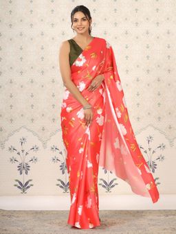 Odette - Orange Satin Floral Saree with Unstitched Blouse for Women