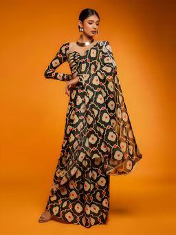 Odette - Black Satin Printed Saree with Unstitched Blouse for Women