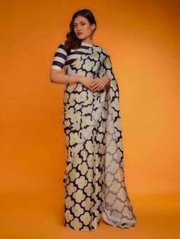 Odette - Blue Satin Printed Saree with Unstitched Blouse for Women