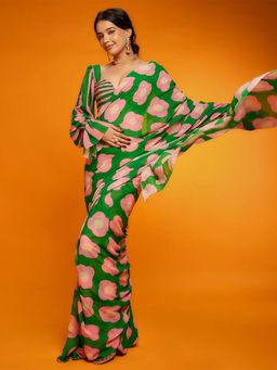 Odette - Green Satin Printed Saree with Unstitched Blouse for Women