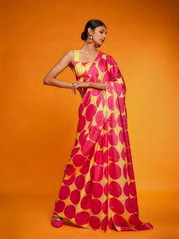 Odette - Yellow Satin Printed Saree with Unstitched Blouse for Women