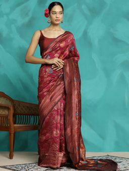 Jaipur Kurti - Burgundy Heavy Zari Woven Banarasi Saree