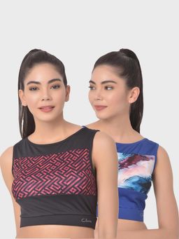 Clovia - Comfort-fit Geometric Print Active Crop Top Multi-Color (Pack of 2)