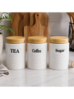 NFI Essentials - White Sugar Coffee Tea Canisters with Bamboo Lids (Pack Of 3) (M)
