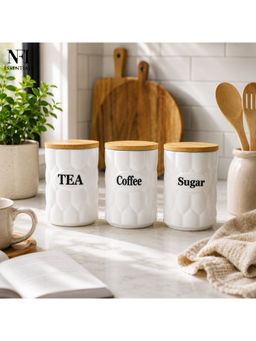 NFI Essentials - White Sugar Coffee Tea Canisters with Bamboo Lids (Pack Of 3) (M)