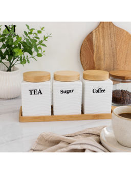 NFI Essentials - White Sugar Coffee Tea Canisters with Bamboo Lids (Pack Of 3) (M)