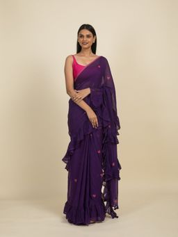 Suta - Purple Heart Block Printed Ruffle Saree