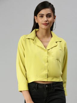 SHOWOFF - Women Shirt Collar Solid Lime Green Regular Top