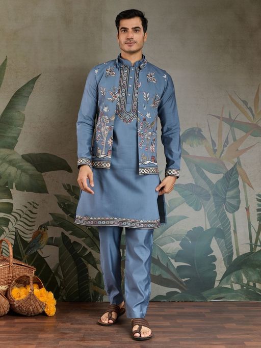 Odette Blue Viscose Silk Embroidered Stitched Kurta with Pant and Jacket for Men (Set of 3)