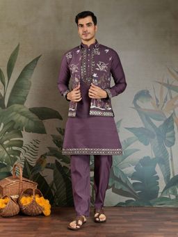 Odette - Purple Viscose Silk Embroidered Stitched Kurta with Pant and Jacket for Men (Set of 3)