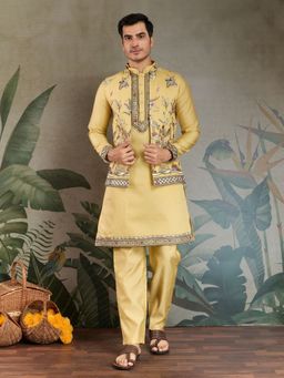 Odette - Yellow Viscose Silk Embroidered Stitched Kurta with Pant and Jacket for Men (Set of 3)