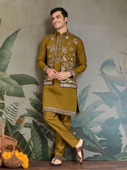 Odette - Olive Viscose Silk Embroidered Stitched Kurta with Pant and Jacket for Men (Set of 3)