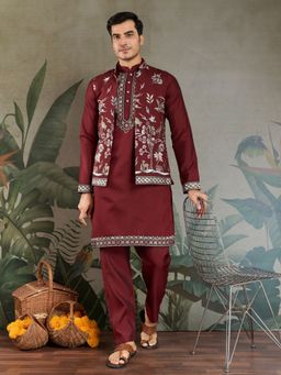 Odette - Maroon Viscose Silk Embroidered Stitched Kurta with Pant and Jacket for Men (Set of 3)