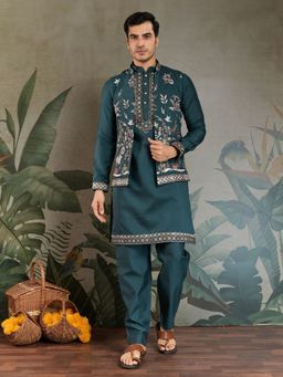 Odette - Green Viscose Silk Embroidered Stitched Kurta with Pant and Jacket for Men (Set of 3)