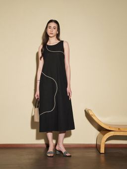 Pink Fort - Linen Blend Shift Sleeveless Round Neck Contrast Piping Dress