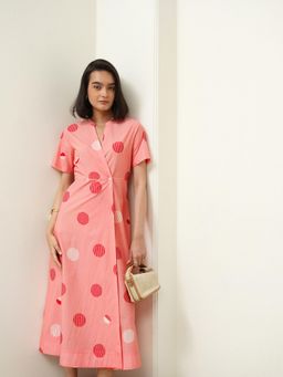 Pink Fort - Cotton Polka Dot Wrap Mandarin Neck Dress