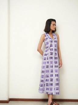 Pink Fort - Cotton Striped Relaxed Fit Sleeveless Shirt Notched Lapel Dress