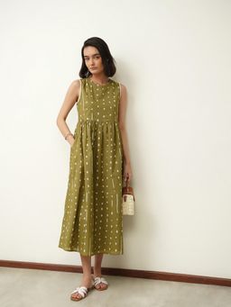 Pink Fort - Cotton Polka Print Flared Sleeveless Round Neck Dress