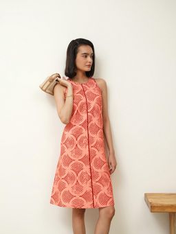 Pink Fort - Cotton Geometric A-Line Sleeveless Round Neck Dress