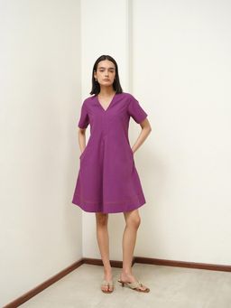 Pink Fort - Cotton Solid A-Line Half Sleeve V-Neck Contrast Stitching Dress