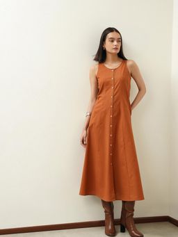 Pink Fort - Linen Blend A-Line Sleeveless Round Neck Button-Front Dress