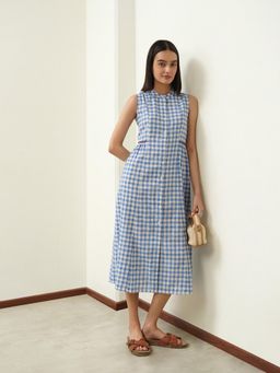 Pink Fort - Cotton Checkered Fit and Flare Sleeveless Mandarin Neck Dress