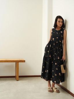 Pink Fort - Cotton Floral Sleeveless Round Neck Tiered Dress