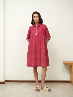 Pink Fort - Pure Cotton Geometric Relaxed Fit Elbow Sleeve Shirt Collar Dress