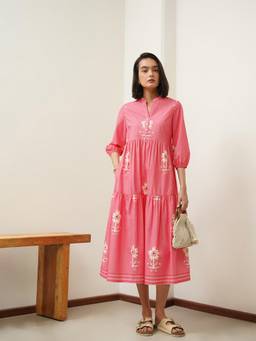 Pink Fort - Cotton Floral Relaxed Fit Three-Quarter Sleeve Mandarin Collar Tiered Dress