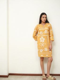 Pink Fort - Cotton Floral Shift Three-Quarter Sleeve Round Neck Dress