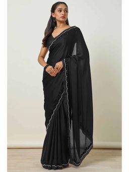 Soch - Womens Black Solid Crepe Stone Work Saree with Unstitched Blouse