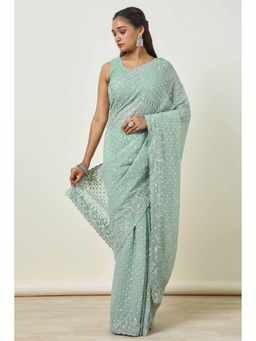 Soch - Womens Sap Green Georgette Embroidered Sequins Work Saree with Unstitched Blouse
