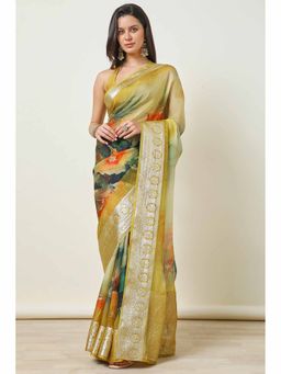 Soch - Womens Mustard Organza Print Zari Border Saree with Unstitched Blouse