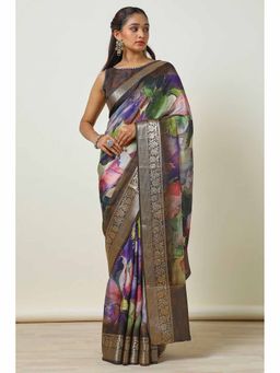 Soch - Womens Multi-Color Organza Floral Print Saree with Unstitched Blouse