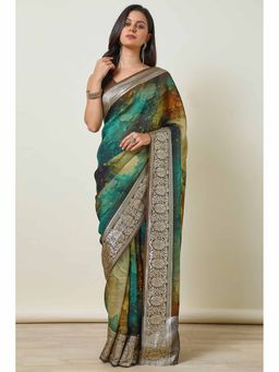 Soch - Womens Green Organza Floral Printed Saree with Unstitched Blouse
