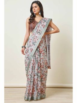 Soch - Womens Grey Kota Floral Print Saree with Unstitched Blouse