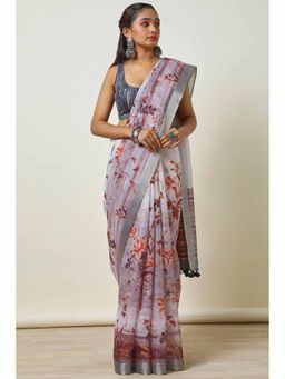 Soch - Womens Grey Kota Floral Print Tassels Saree with Unstitched Blouse