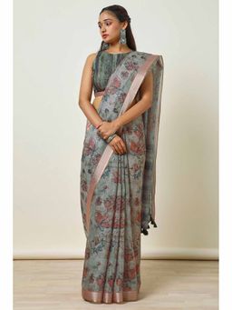 Soch - Womens Olive Kota Floral Print Tassels Saree with Unstitched Blouse