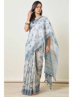 Soch - Womens Light Blue Linen Floral Print Saree with Unstitched Blouse