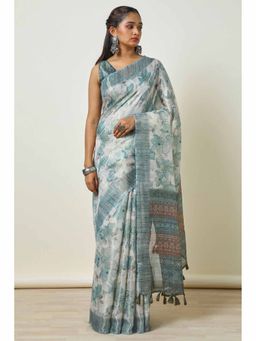 Soch - Womens Green Linen Floral Print Saree with Unstitched Blouse